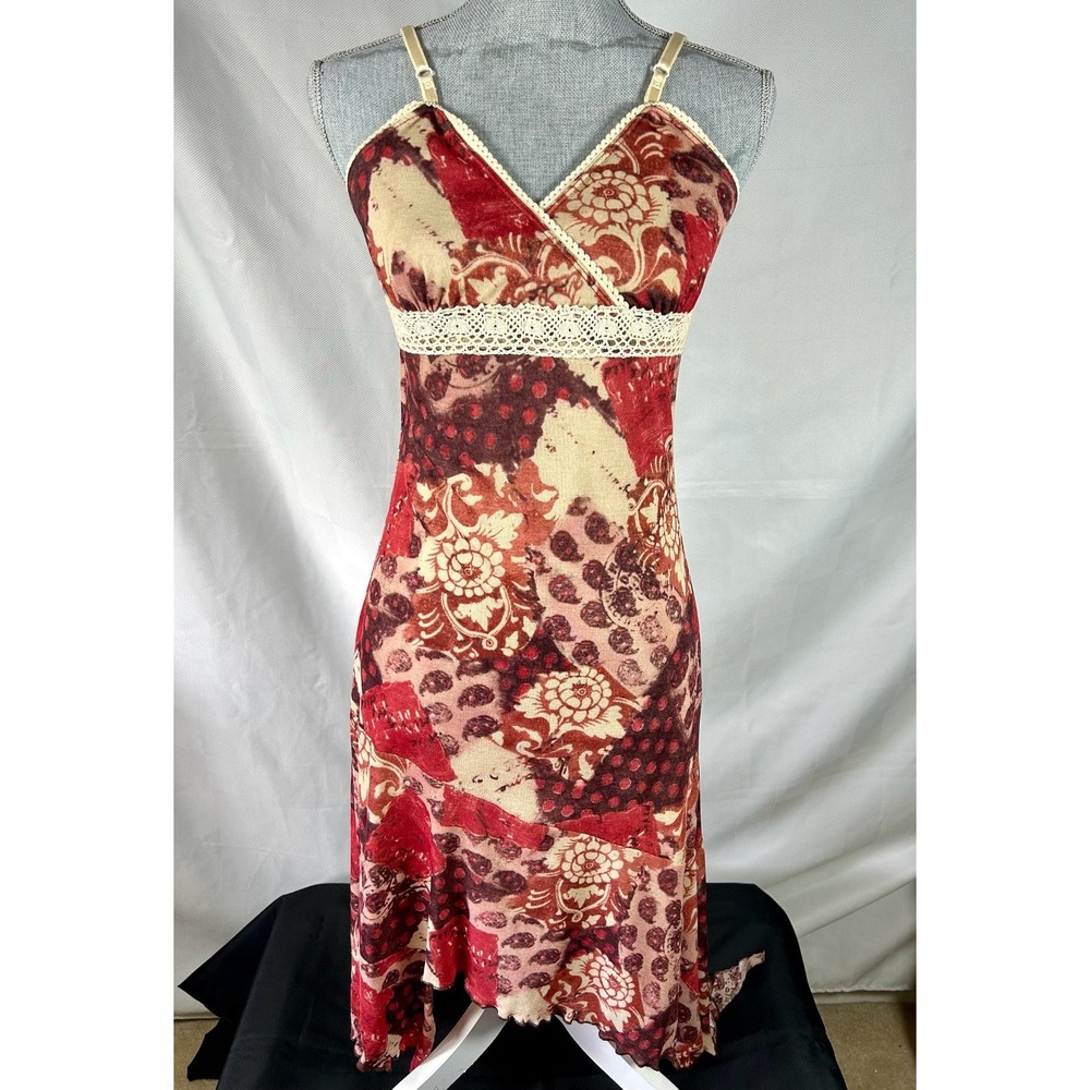 Y2K VTG Slip Dress Abstract Print Whimsical Fairycore Handkerchief Hem Size Med